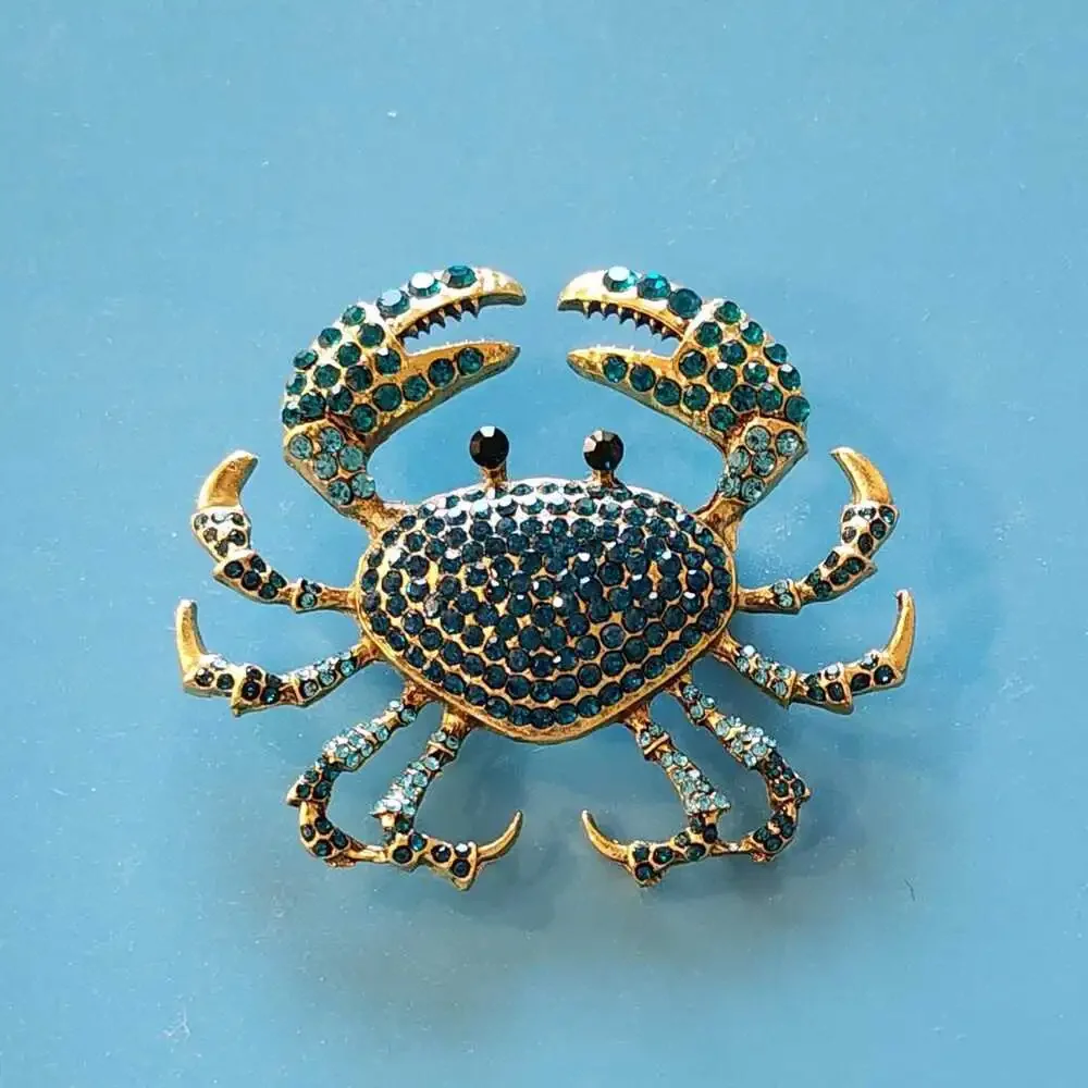 Stunning Crab Brooch Blue Green Rhinestones Goldtone Metal